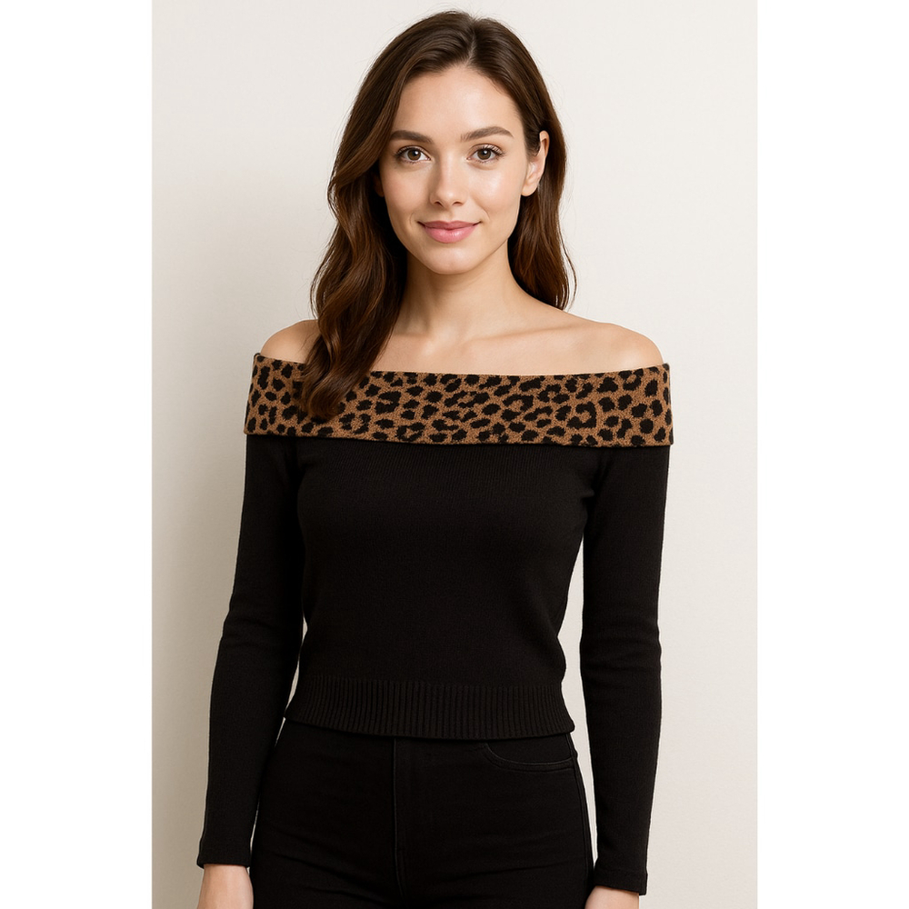 Women’s Off-Shoulder Long Sleeve Leopard Print Bodycon Top – Black–Size S – NWOT